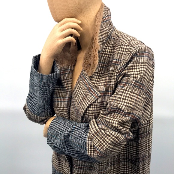 🆕 Mystree-Buckle Trench Coat Plaid Dark Academia Colorblock Faux Fur Collar - Picture 4 of 16